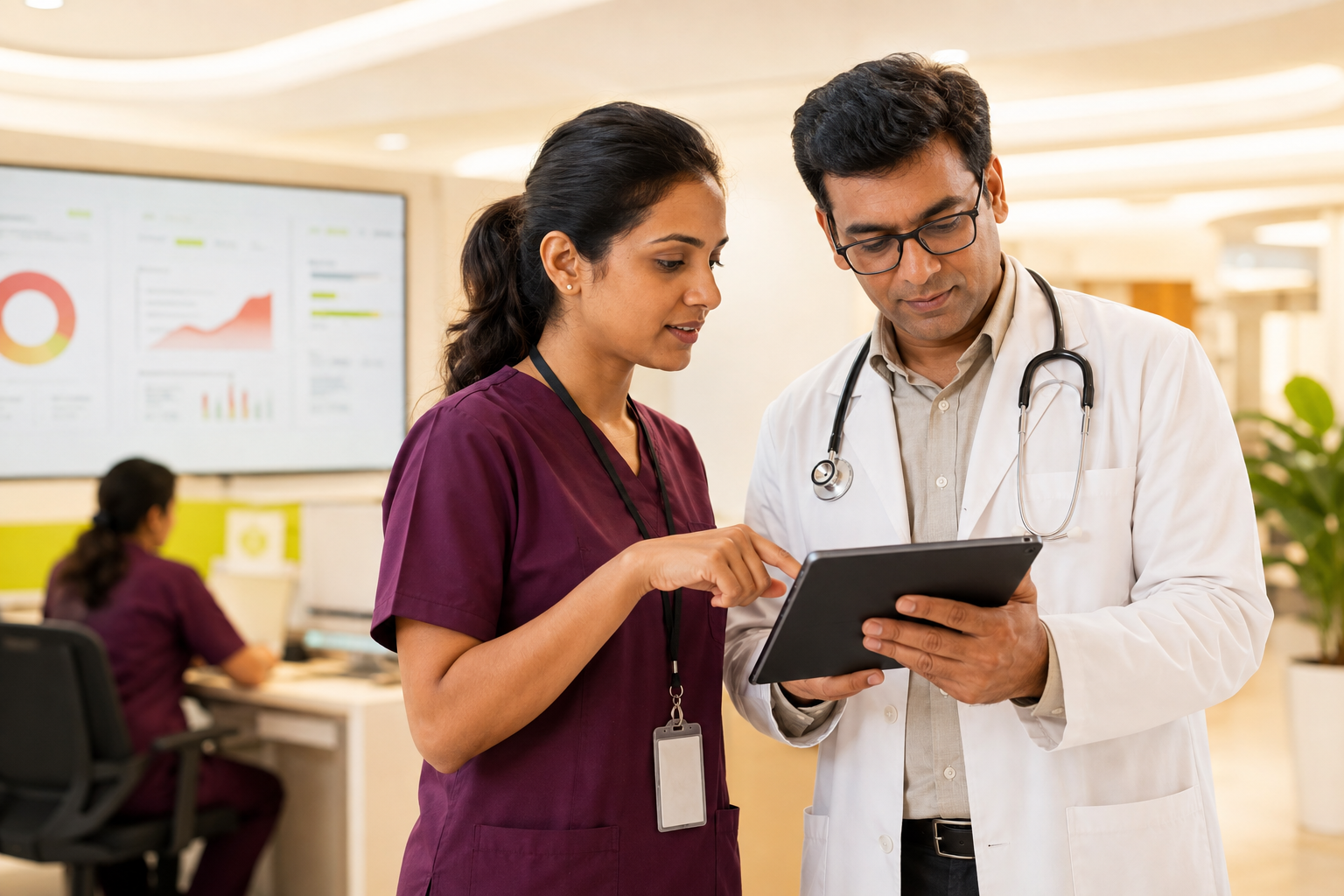 Doctor reviewing healthcare operations on a secure digital tablet