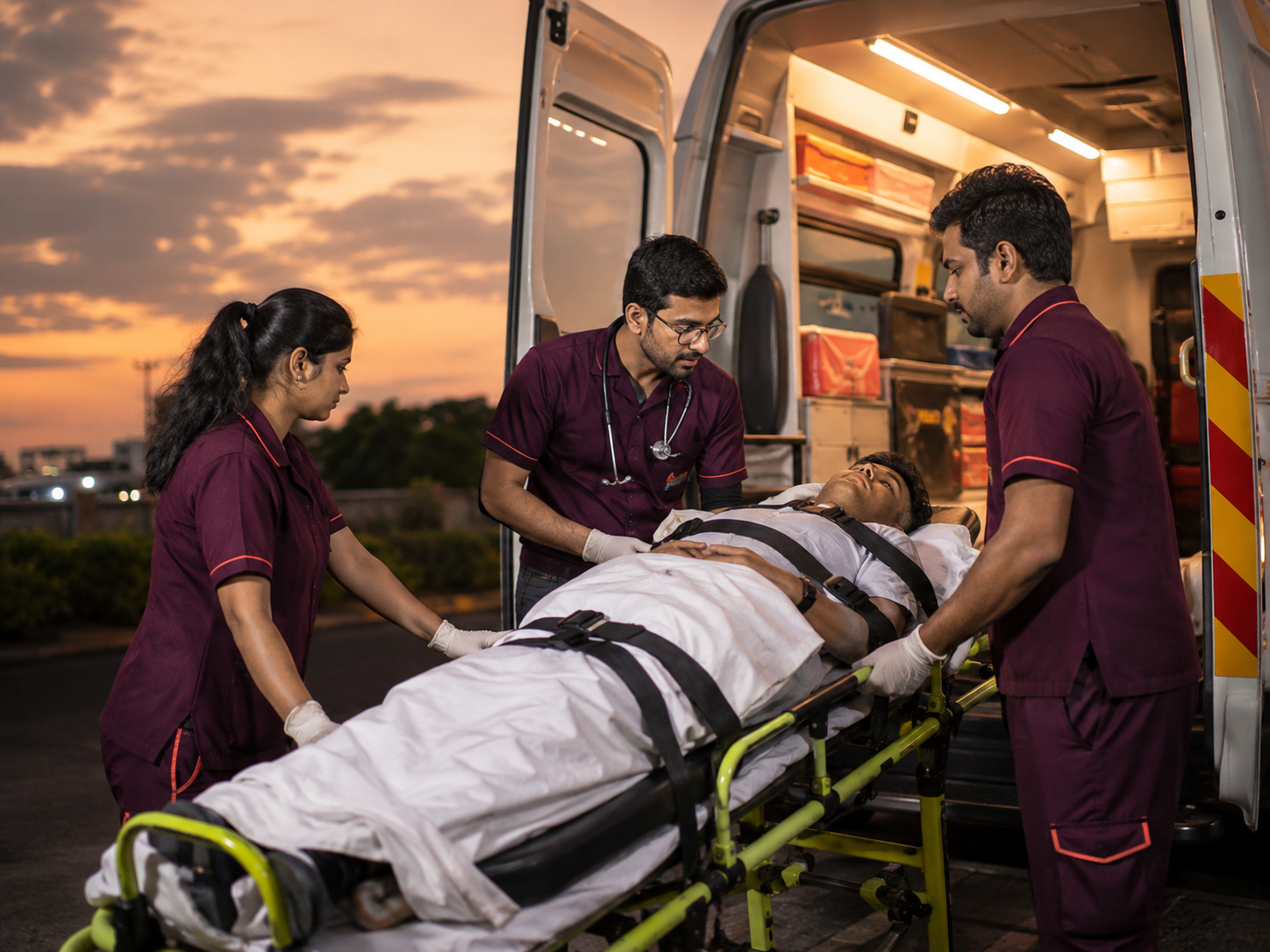 Medical team coordinating an ambulance patient transfer